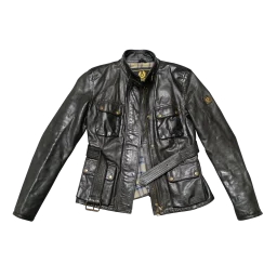 Belstaff Lederjacke Schwarz mit Gurt und kariertem Innenfutter
