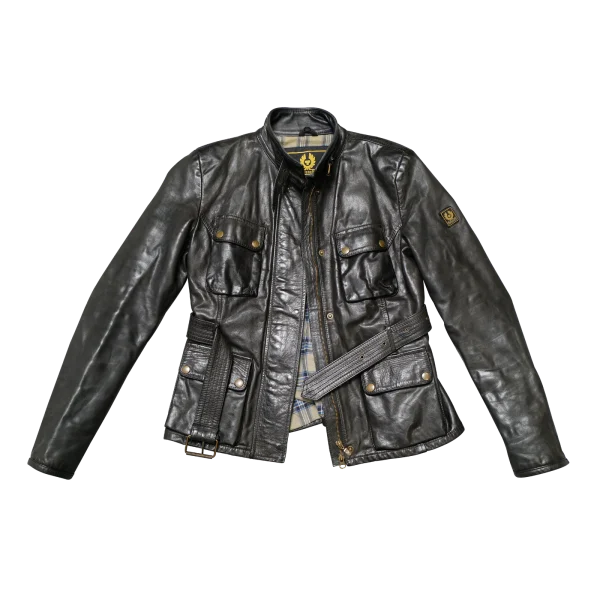Belstaff Lederjacke Schwarz mit Gurt und kariertem Innenfutter