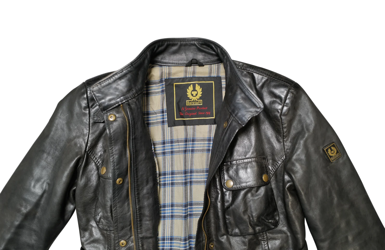 DO01062273-1 Belstaff Lederjacke Schwarz mit Gurt und kariertem Innenfutter