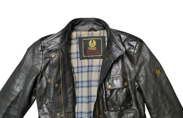 Belstaff Lederjacke Schwarz mit Gurt und kariertem Innenfutter