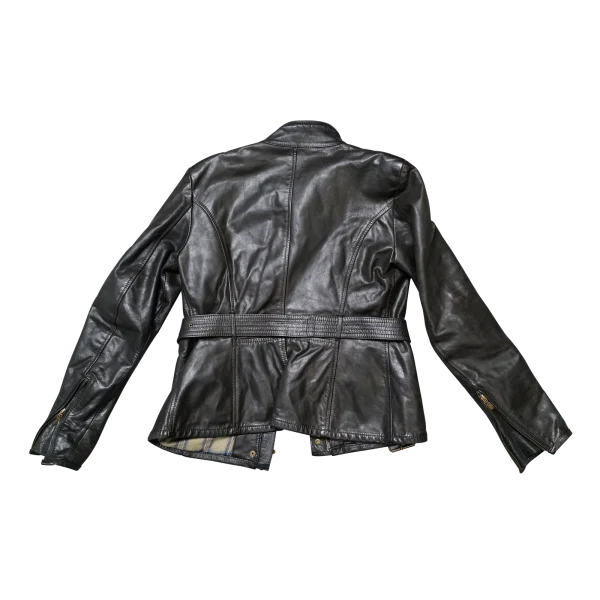 Belstaff Lederjacke Schwarz mit Gurt und kariertem Innenfutter