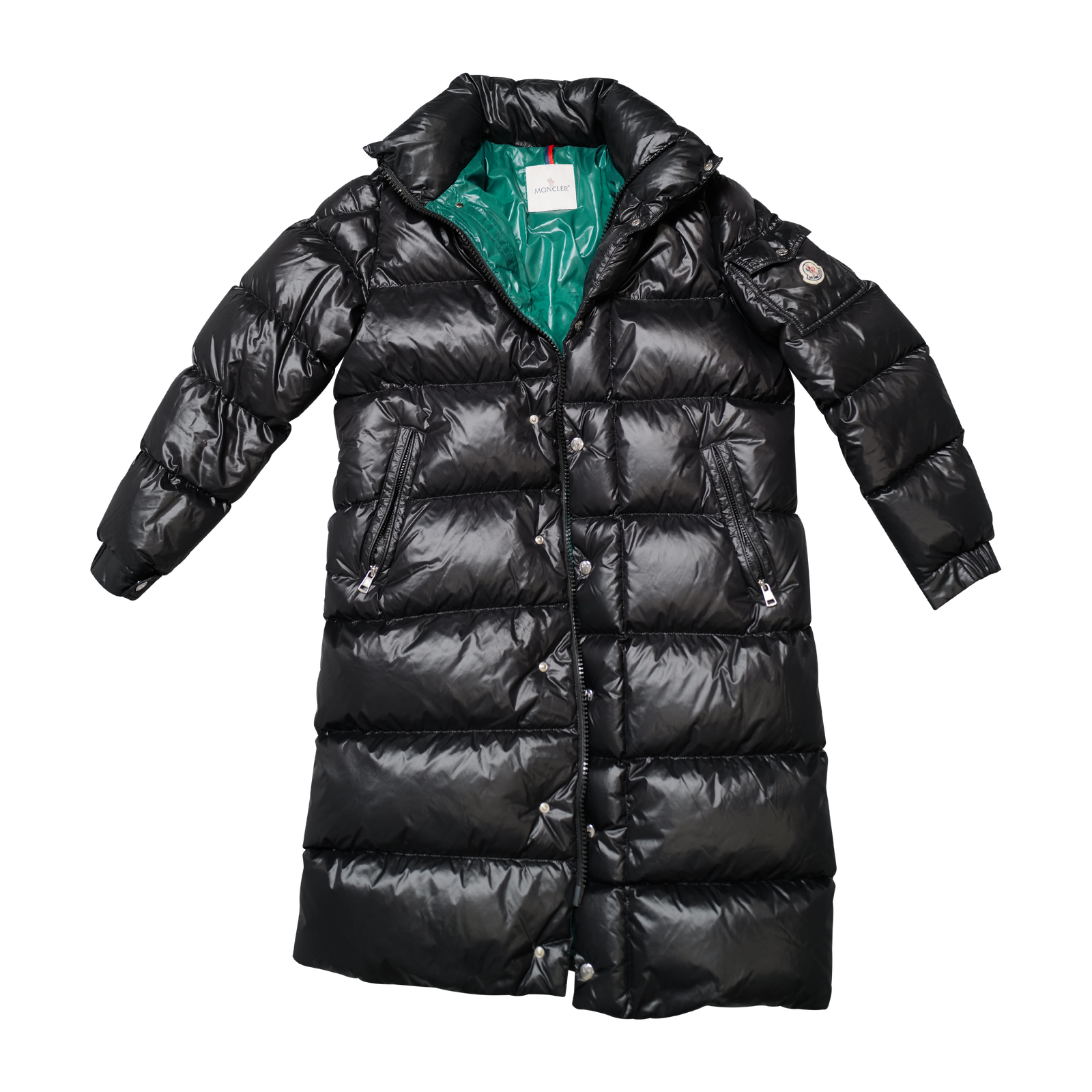 Moncler Lange Daunenjacke Schwarz mit Logo-Patch